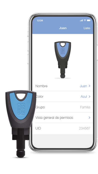 Zutrittsorganisation blueCompact Schluessel vor Smartphone spanisch